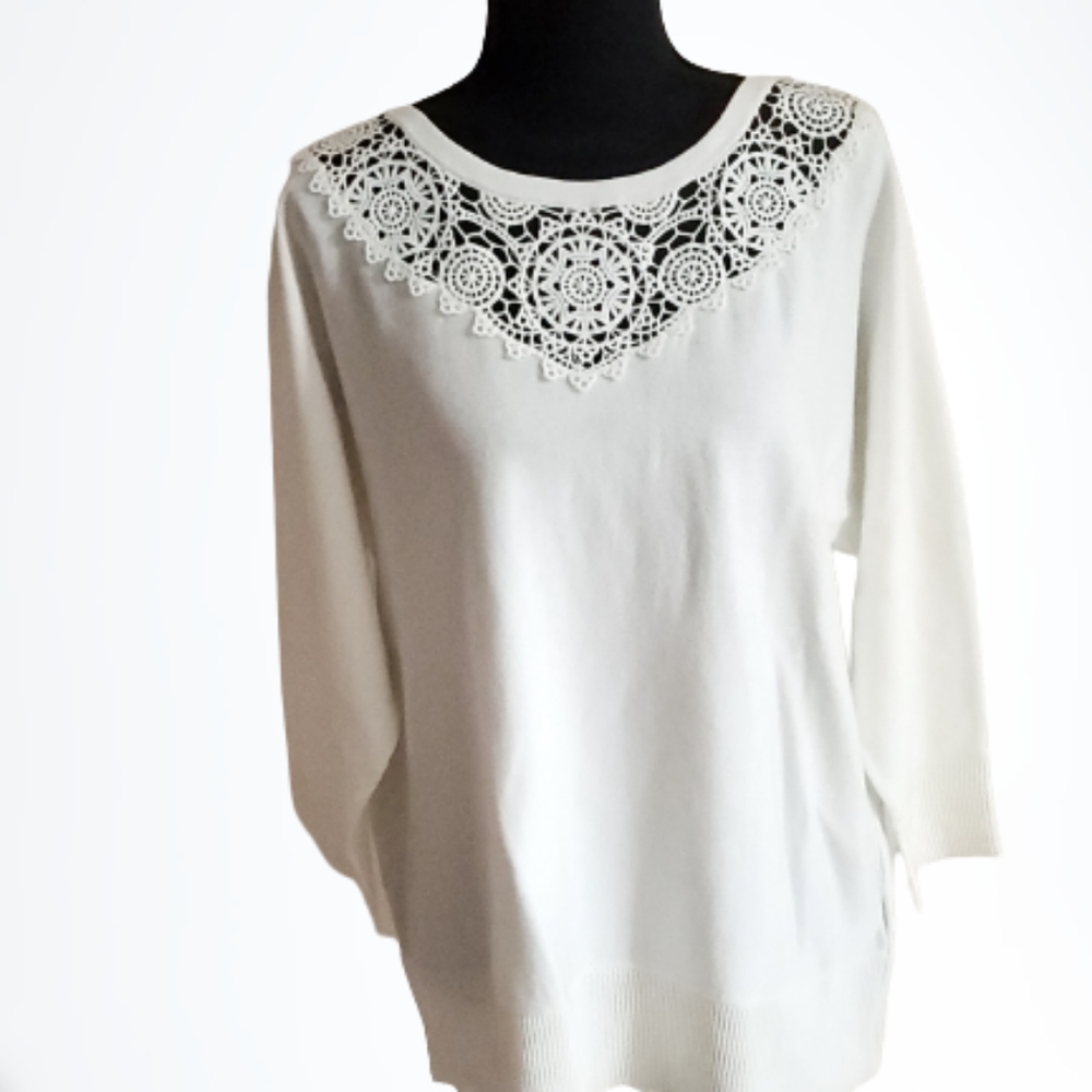 NWT CABLE & GAUGE IVORY WHITE CROCHETED TOP WITH T- SHAPE KIMONO SLEEVES -SIZE L